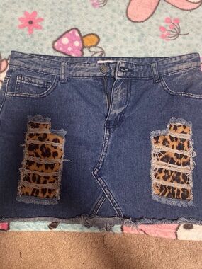 Blue Denim Mini Skirt with Leopard Patch
